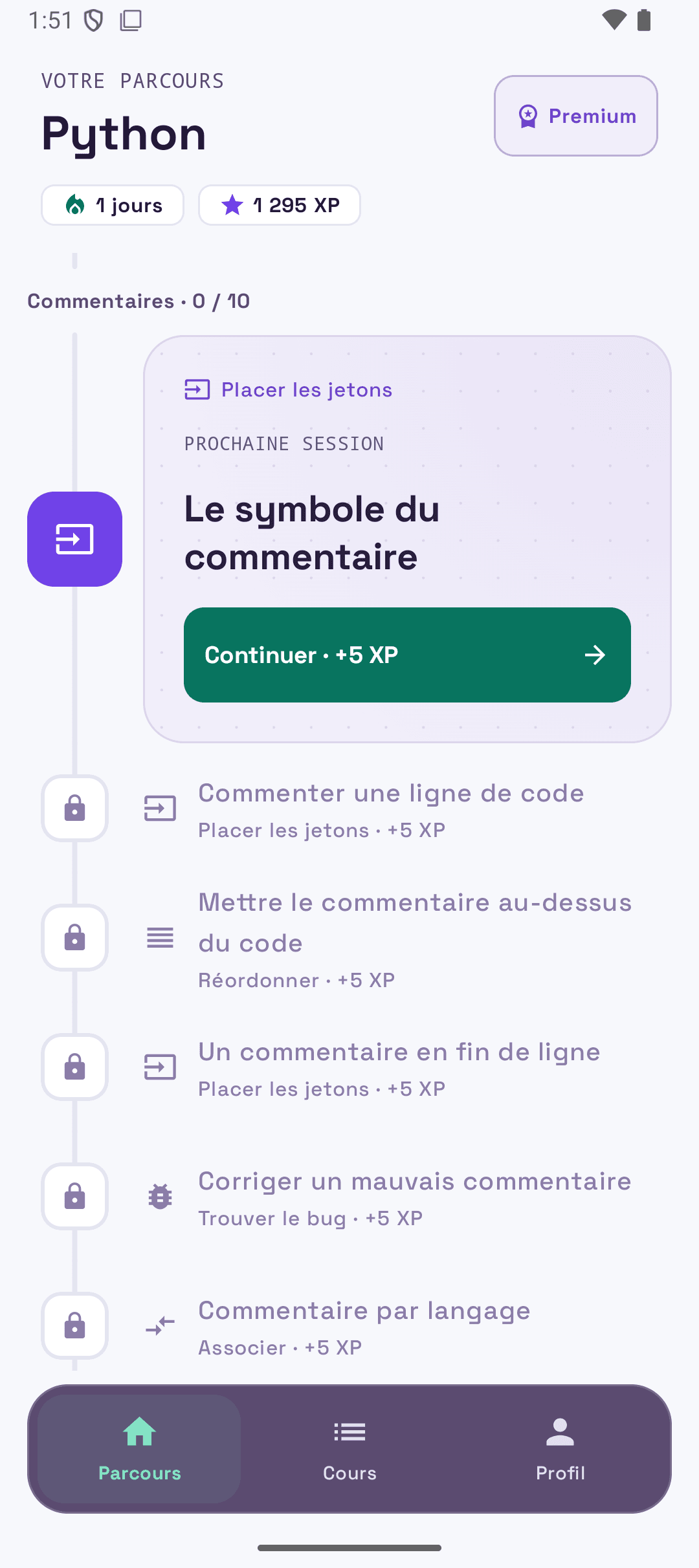 Application Android CommentCoder : parcours Python, activité Le symbole du commentaire et suivi des XP.