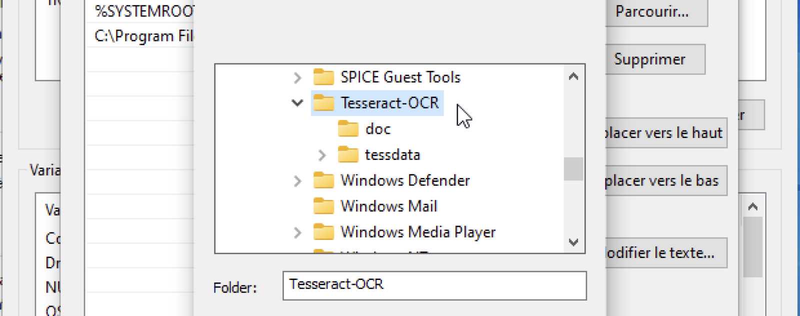 Choisir le dossier d'installation de Tesseract
